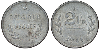 Бельгия 2 франка 1944 выпуск США KM 133 оцинкованная сталь 4164-333