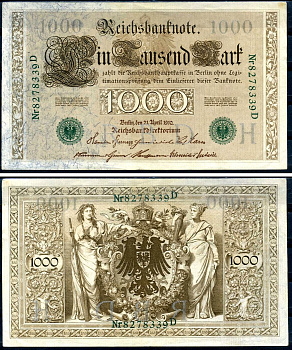 Германия 1000 марок 1910 21 апреля 1910, зеленая печать, номер семизначный, серия D, буква H, выпуск АПРЕЛЬ - ИЮЛЬ 1918 Pick 45 b бумага 00-00