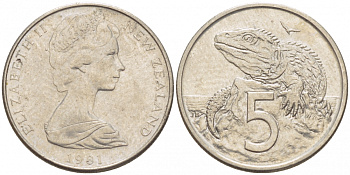 Новая Зеландия 5 ЦЕНТОВ 1981 ТУАТАРА, ТРЕХГЛАЗАЯ ЯЩЕРИЦА ОТРЯДА КЛЮВОГОЛОВЫХ, ЕЛИЗАВЕТА II KM 34.1 медно-никель 214-854