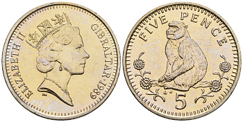 Гибралтар 5 пенсов 1989 АВ обезьяна KM 22 медно-никель UNC 87-532