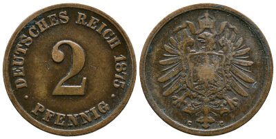 Германия 2 пфеннига 1875 С, СТАРОГЕРБОВКА KM 2, J. 2 медь 4364-3031