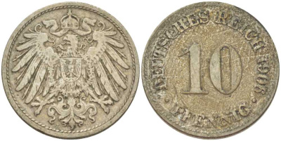 Германия 10 пфеннигов 1906 D KM 12, J. 13, Weege 8 медно-никель 259-912