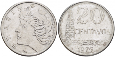 Бразилия 20 сентаво 1975 голова свободы влево KM 579.1a, Schon 84b нержавеющая сталь 3718-612