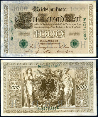 Германия 1000 марок 1910 21 апреля 1910, зеленая печать, номер семизначный, серия D, буква H, выпуск АПРЕЛЬ - ИЮЛЬ 1918 Pick 45 b бумага 00-00
