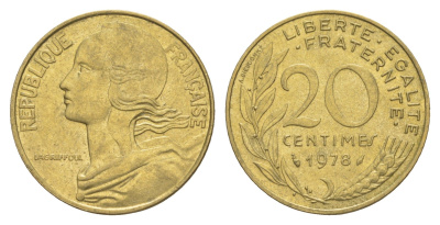Франция 20 сантимов 1978 KM 930 алюминиевая бронза 4539-634