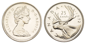 Канада 25 центов 1972 Елизавета II (1952-2022), олень KM 62b никель PROOF-LIKE (BU) 4637-815
