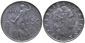 ИТАЛИЯ 50 ЛИР 1975 R, БОГ ОГНЯ ВУЛКАН У НАКОВАЛЬНИ KM 95.1 нержавеющая сталь 3333-131