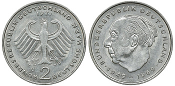 ФРГ 2 МАРКИ 1973 D, ТЕОДОР ХОЙС KM 127, J. 407 медно-никель плакированный никелем плакированный никелем UNC 72-533