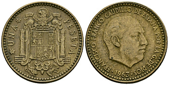 Испания 1 песета 1963 (65) Франсиско Франко (1939-1975) KM 775 алюминиевая бронза 27-1214