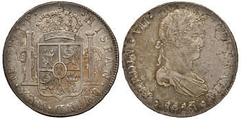 Перу 8 реалов 1813 JP, монетный двор ME (Лима), Фердинанд VII Испанский (1808-1821) KM 117.1 серебро 00-802-05