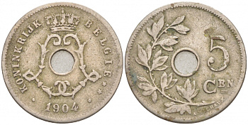 БЕЛЬГИЯ 5 САНТИМОВ 1904 BELGIE KM 55 медно-никель 100-833