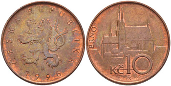 ЧЕХИЯ 10 КРОН 1996 ЧЕШСКИЙ ЛЕВ, КАФЕДРАЛЬНЫЙ СОБОР БРНО KM 4 сталь плакированная медью 4514-735