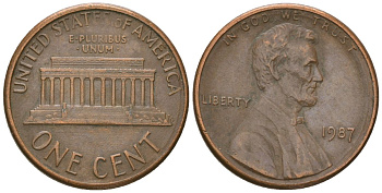США 1 цент 1987 Линкольн KM 201b цинк плкированный медью 4549-719