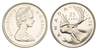 Канада 25 центов 1972 Елизавета II (1952-2022), олень KM 62b никель PROOF-LIKE (BU) 4637-815