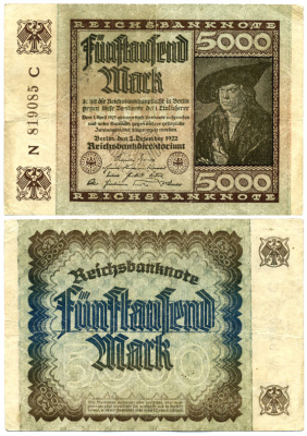 ГЕРМАНИЯ 5000 МАРОК 1922 2 ДЕКАБРЯ 1922 Pick 79 бумага 6262-1-3-1