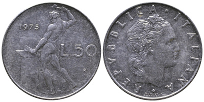 ИТАЛИЯ 50 ЛИР 1975 R, БОГ ОГНЯ ВУЛКАН У НАКОВАЛЬНИ KM 95.1 нержавеющая сталь 3333-131