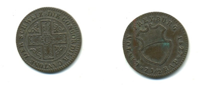 ШВЕЙЦАРИЯ КАНТОН ШРАЙБУРГ 2 1/2 РАППЕНА 1827 KM 81 серебро 54-529