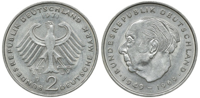 ФРГ 2 МАРКИ 1973 D, ТЕОДОР ХОЙС KM 127, J. 407 медно-никель плакированный никелем плакированный никелем UNC 72-533