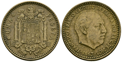 Испания 1 песета 1963 (65) Франсиско Франко (1939-1975) KM 775 алюминиевая бронза 27-1214