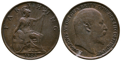 Великобритания 1 фартинг 1903 Эдуард VII (1901-1910), KM 792, Spink 3992 бронза 4384-225