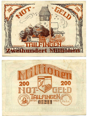 ТАИЛФИНГЕН 200000000 марок (200 миллионов) 1923 ОКТЯБРЬ 1923, нотгельд, земля Keller 5119а бумага 2193-29-2-1