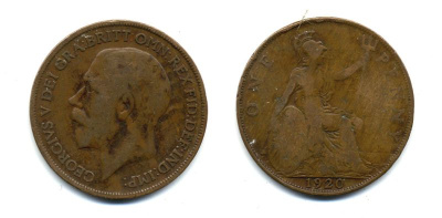 Великобритания 1 пенни 1920 Георг V (1910-1936) КМ 810, Spink 4051 бронза 47-434