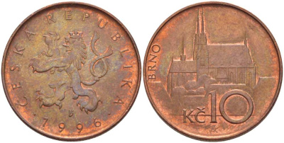 ЧЕХИЯ 10 КРОН 1996 ЧЕШСКИЙ ЛЕВ, КАФЕДРАЛЬНЫЙ СОБОР БРНО KM 4 сталь плакированная медью 4514-735