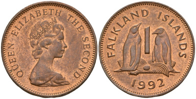 Фолклендские острова 1 пенни 1992 Елизавета II (1952-2022), папуанский пингвин KM 2 бронза 4158-258