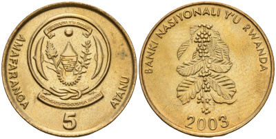 Руанда 5 франков 2003 KM 23 сталь плакированная латунью UNC 00-00