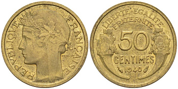 ФРАНЦИЯ 50 САНТИМОВ 1940 ТИП MORLON KM 894.1, LE FRANC 192.17 алюминиевая бронза 44-763