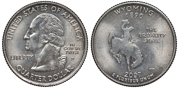 США 25 центов (квотер) 2007 D, серия штаты США, Вайоминг KM 399 медь плакированная медно-никелем 4541-312