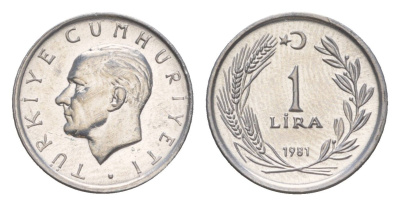 Турция 1 лира 1981 год-тип KM 943 алюминий UNC 4651-834