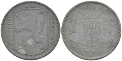 БЕЛЬГИЯ 1 ФРАНК 1943 BELGIQUE-BELGIE KM 127 цинк 216-545