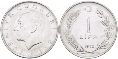 Турция 1 лира 1972 Мустафа Кемаль Ататюрк KM 889а.2 нержавеющая сталь 212-1234