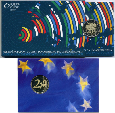 Португалия 2 евро 2007 председательство Португалии в Евросоюзе, запайка, картонный буклет KM 772 биметалл PROOF 3-4-8-61