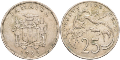 Ямайка 25 центов 1969 КОЛИБРИ KM 49 медно-никель 4512-345