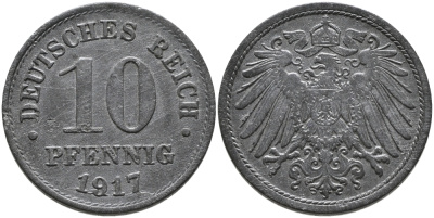 ГЕРМАНИЯ 10 ПФЕННИГОВ 1917 KM 26, J. 299 цинк 96-631