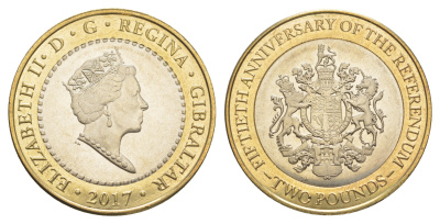 Гибралтар 2 фунта 2017 50 лет референдума, Елизавета II (1953-2023) KM 1591 биметалл  UNC  M66-07
