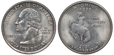 США 25 центов (квотер) 2007 D, серия штаты США, Вайоминг KM 399 медь плакированная медно-никелем 4541-312