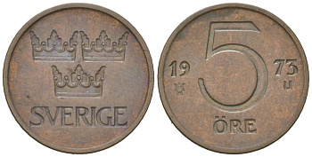 Швеция 5 эре 1973 U, Густав VI Адольф (1950-1973) KM 845 бронза 4618-245