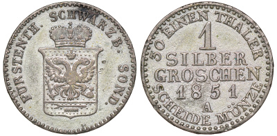 Шварцбург-Зондерсгаузен 1 грош 1851 A, Гюнтер Фридрих Карл II (1835-1880) KM 145, Jaeger 73, AKS 39 серебро    413-6835