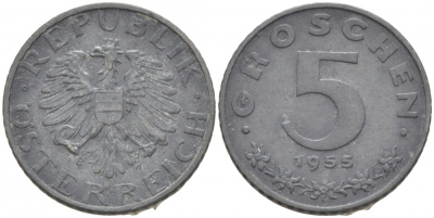 АВСТРИЯ 5 ГРОШЕЙ 1955 KM 2875 цинк 3309-947