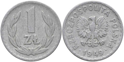 ПОЛЬША 1 ЗЛОТЫЙ 1949 KM 45а алюминий 4179-1012