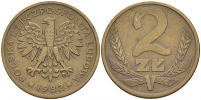 ПОЛЬША 2 ЗЛОТЫХ 1982 MW KM 80.1 латунь 112-1266