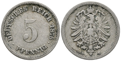 ГЕРМАНИЯ 5 ПФЕННИГОВ 1876 D, СТАРОГЕРБОВКА KM 3, J. 3 медно-никель 39-369