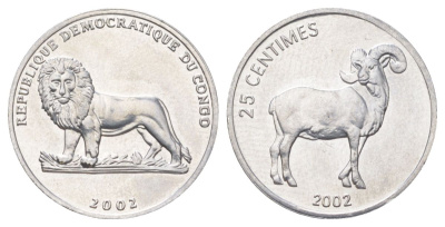 ДР Конго 25 сантимов 2002 Животные - Гривистый баран KM 77 алюминий UNC 4618-544