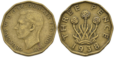 Великобритания 3 пенса 1938 Георг VI (1936-1952) KM 849, Spink 4112 никель латунь 4146-321