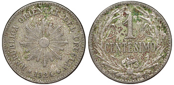 Уругвай 1 сентесимо 1924 KM 19 медно-никель 4169-629