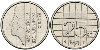 НИДЕРЛАНДЫ 25 ЦЕНТОВ 1991 БЕАТРИКС KM 204 никель 96-324