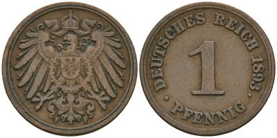 Германия 1 пфенниг 1893 F, Вильгельм II (1888-1918) KM 10, J. 10 медь 4608-169